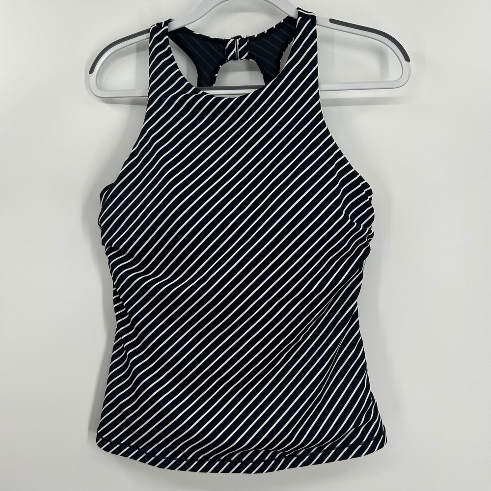 Athleta Womens Black White Striped High Neck Tankini Top 38D/DD Underwire Bra